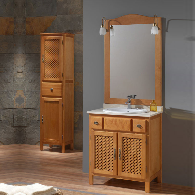 Conjunto de baño, mueble suspendido+columna+espejo+lavabo BASIC pino  blanco, 70 x