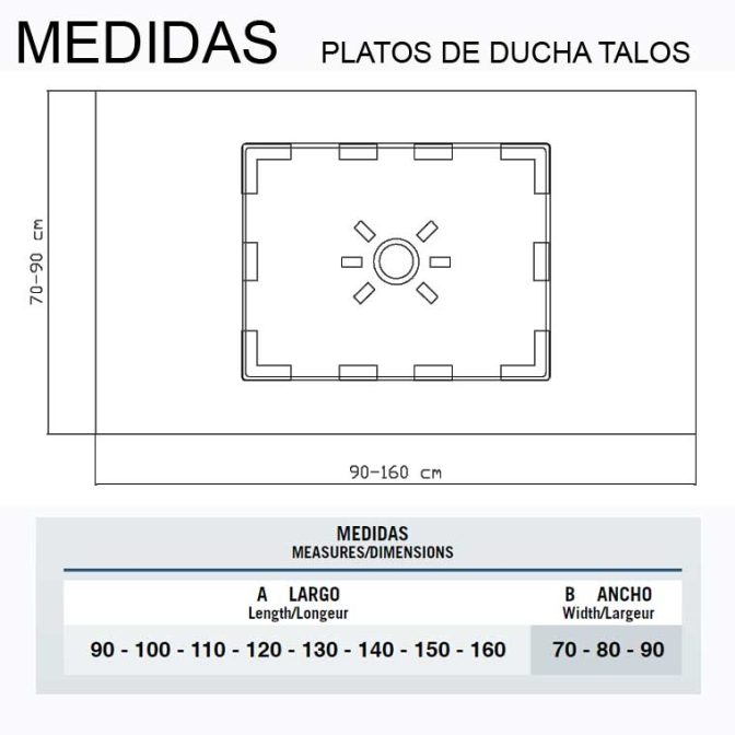 Medidas Platos de Ducha de Resina Talos, con Desagüe oculto.