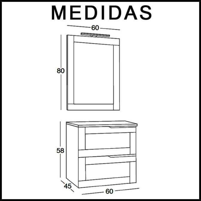 Medidas Mueble de Baño Nuevo Alba 60 cm. 2 cajones