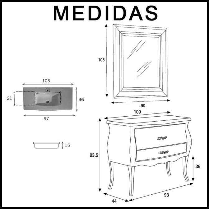 Medidas Mueble de Baño Victoria 04 de 100 cm. de Verrochio