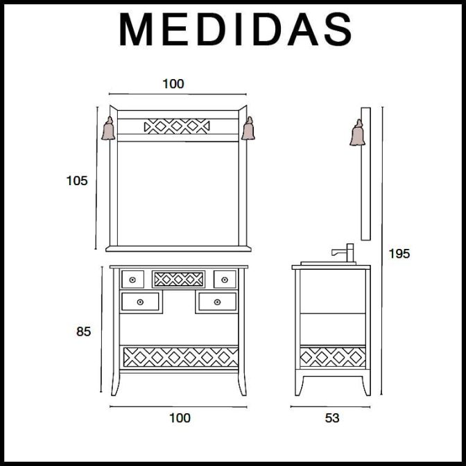 Medidas Conjunto Mueble de baño Toscano de 100 cm.