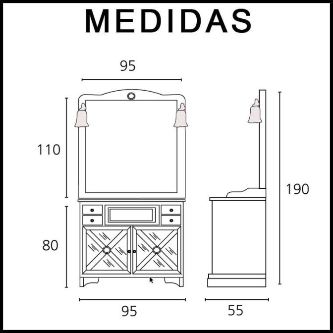 Medidas Conjunto Mueble de baño Alba 95 cm. de Taberner.