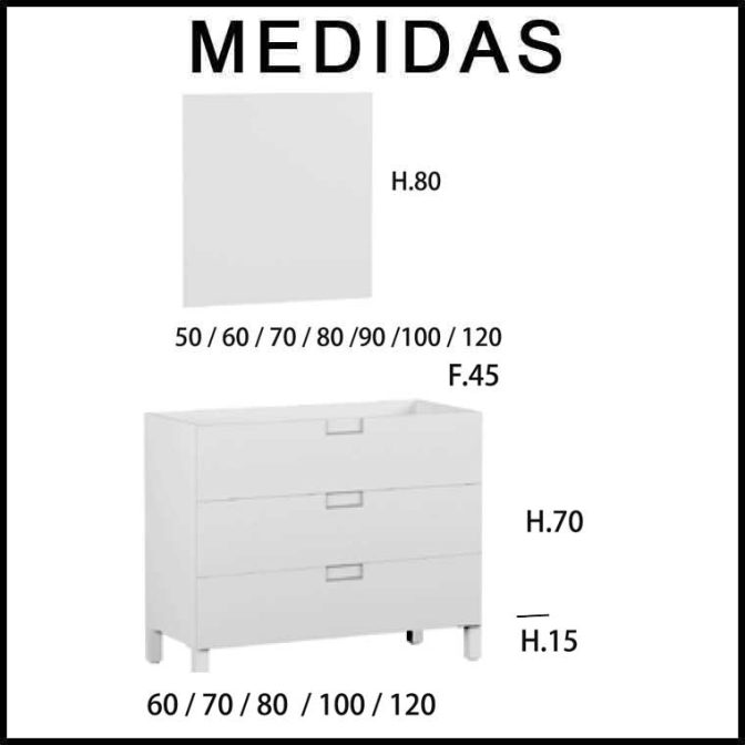 Medidas Mueble de Baño Suspendido Luna 3 Cajones