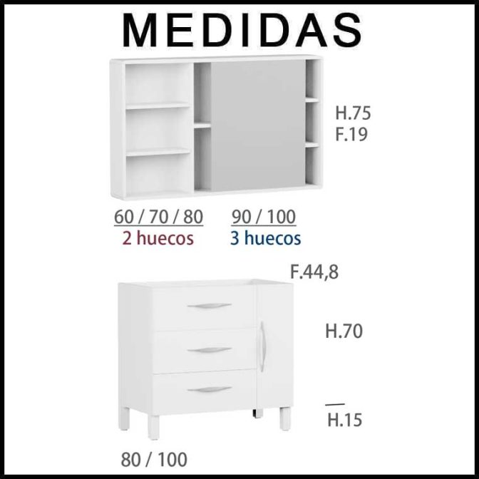 Medidas Mueble de Baño Tecia 80 cm. 3 cajones 1 puerta con Camerino Vintass