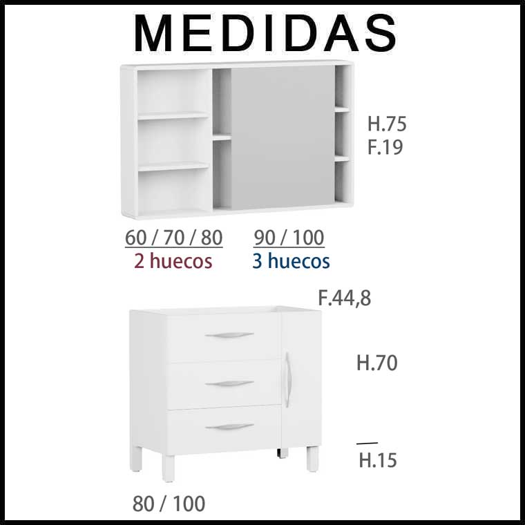 ▷ Mueble de Baño Tecia 80 cm. 3 cajones 1 puerta con Camerino