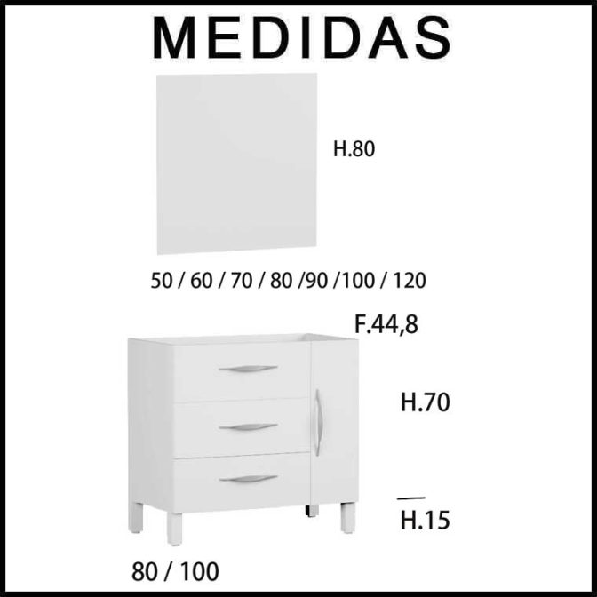 Medidas Mueble de Baño Tecia 80 cm. 3 cajones 1 puerta