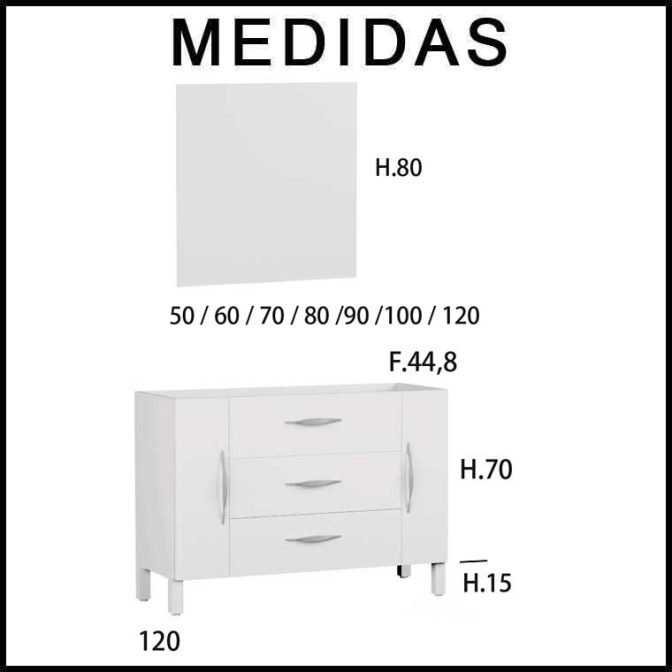 Medidas Mueble de Baño Tecia 80 cm. 3 cajones 2 puertas