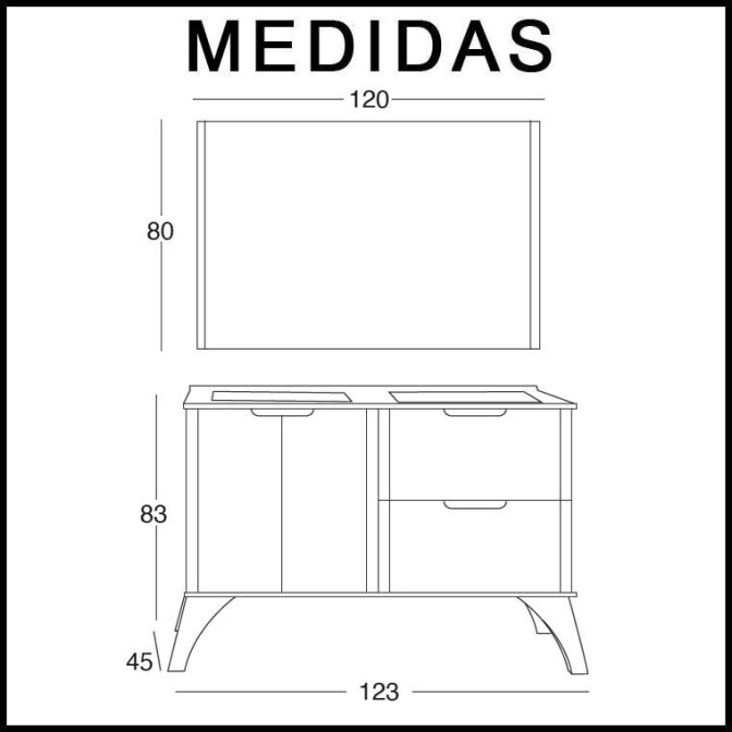 Medidas Mueble de Baño Alicia 120 cm. 2 cajones 2 puertas con bancada