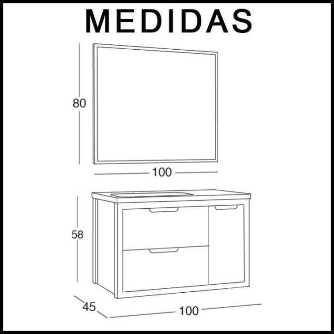 Medidas Mueble de Baño Ángeles 100 cm. 2 cajones 1 puerta