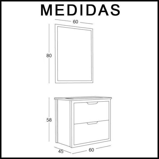 Medidas Mueble de Baño Ángeles 60 cm. 2 cajones