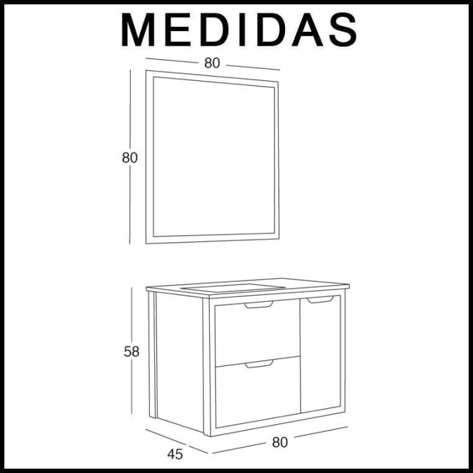Medidas Mueble de Baño Ángeles 80 cm. 2 cajones 1 puerta