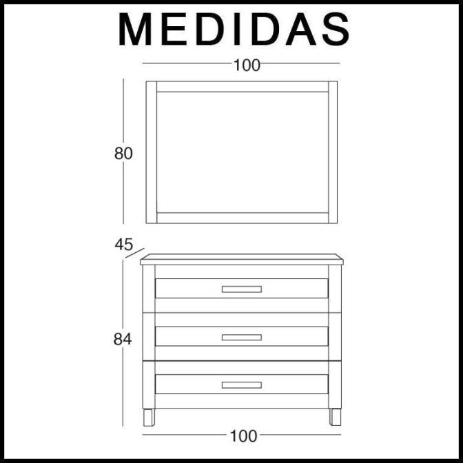 Medidas Mueble de Baño Amaya 100 cm. 3 cajones