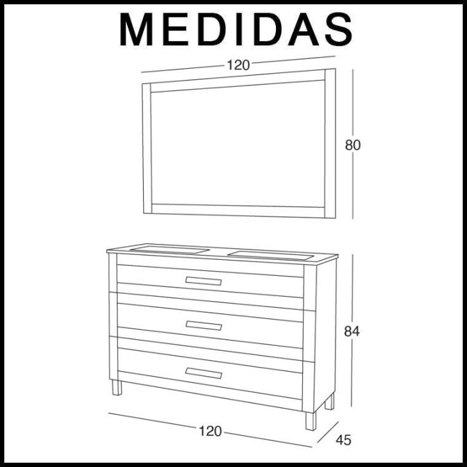 Medidas Mueble de Baño Amaya 120 cm. 3 cajones