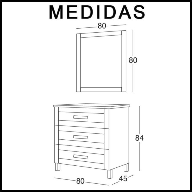 Medidas Mueble de Baño Amaya 80 cm. 3 cajones