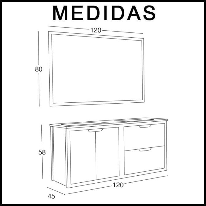 Medidas Mueble de Baño Ángeles 120 cm. 2 cajones 2 puertas