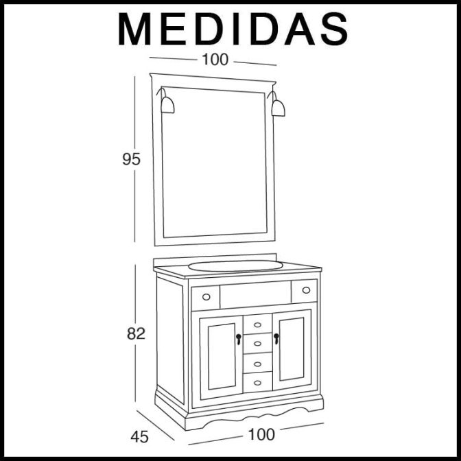 Medidas Mueble de Baño Clásic 100 cm. 6 cajones 2 puertas