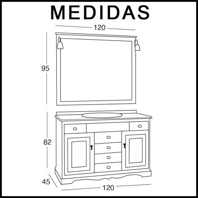 Medidas Mueble de Baño Clásic 120 cm. 6 cajones 2 puertas