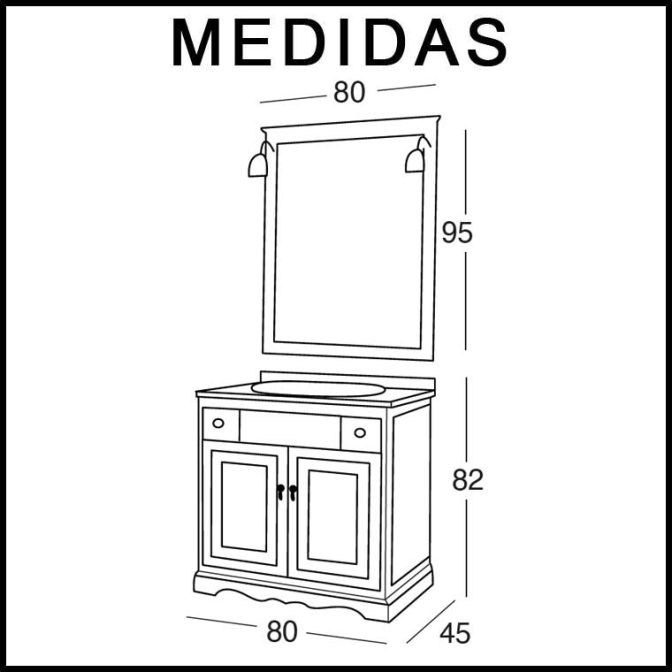 Medidas Mueble de Baño Clásic 80 cm. 2 cajones 2 puertas