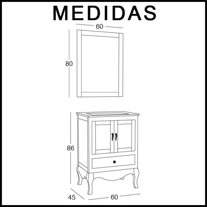 Medidas Muebles de Baño Coral 60 cm. 2 puertas 1 cajón