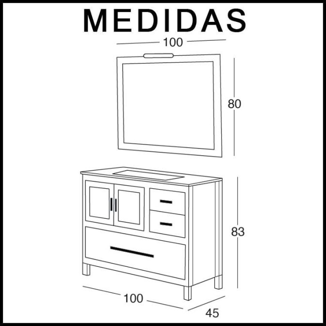 Medidas Mueble de Baño Mar 100 cm. 3 cajones 2 puertas