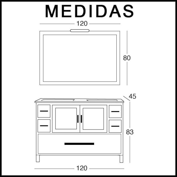 Medidas Mueble de Baño Mar 120 cm. 5 cajones 2 puertas