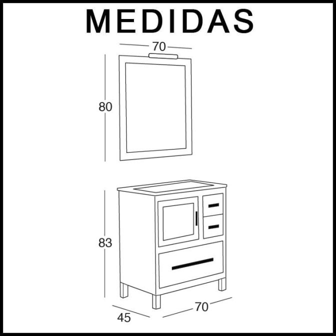 Medidas Mueble de Baño Mar 70 cm. 3 cajones 1 puerta