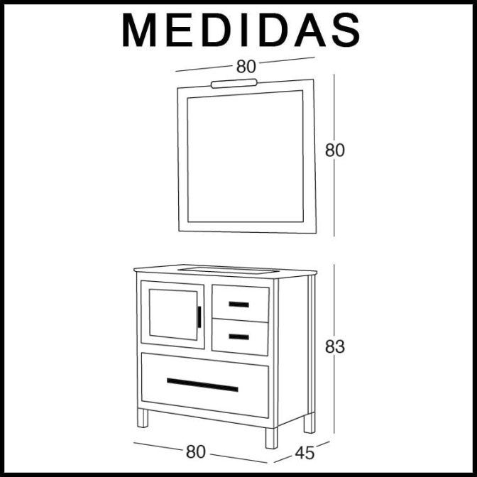 Medidas Mueble de Baño Mar 80 cm. 3 cajones 1 puerta