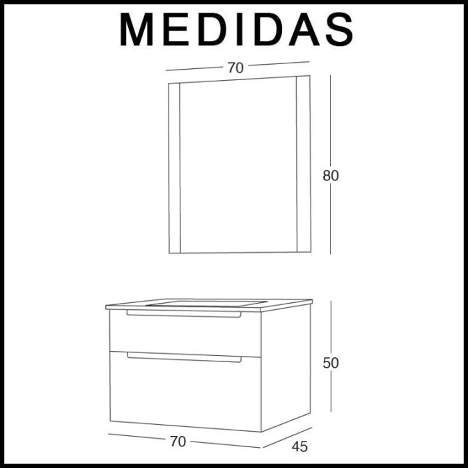 Medidas Mueble de Baño Cibeles Ondas de 70 cm.