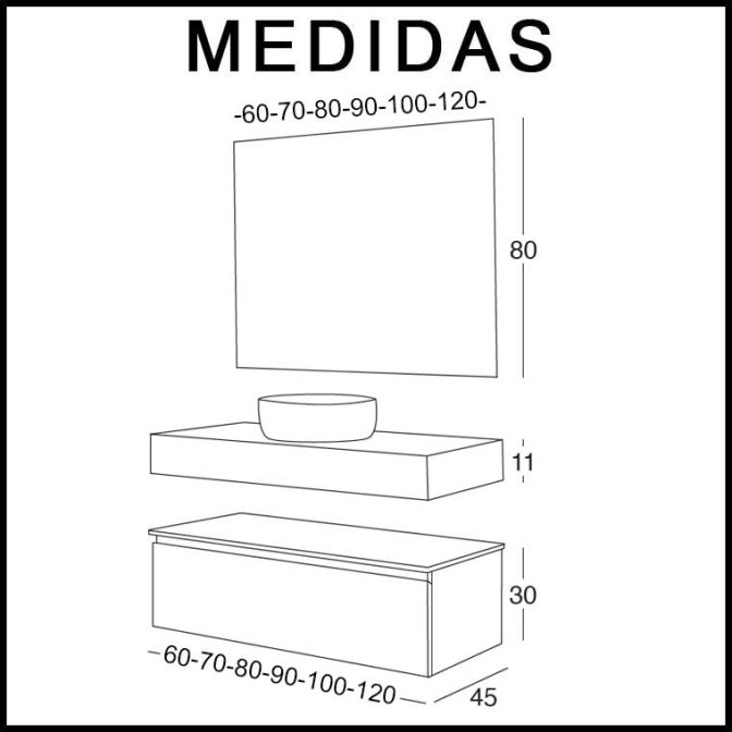 Medidas Mueble de Baño Iris 1 cajón y encimera de madera con faldón