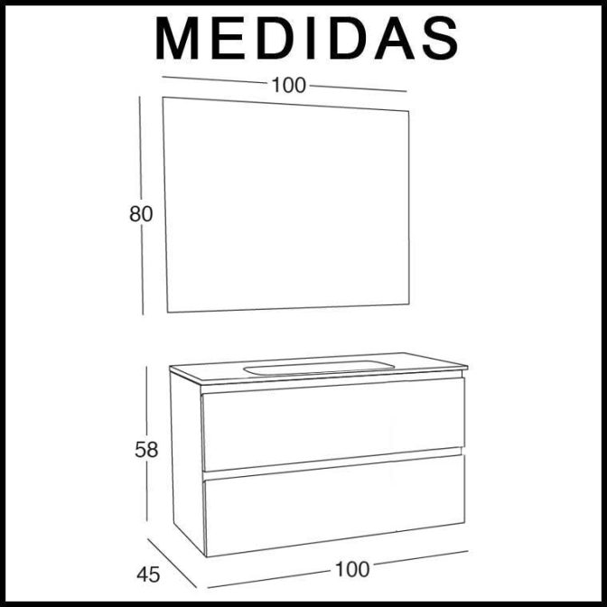 Medidas Mueble de Baño Iris de 100 cm. 2 cajones