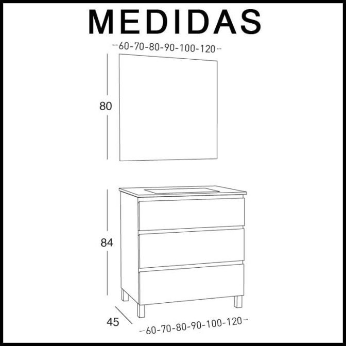 Medidas Muebles de Baño Iris 3 cajones