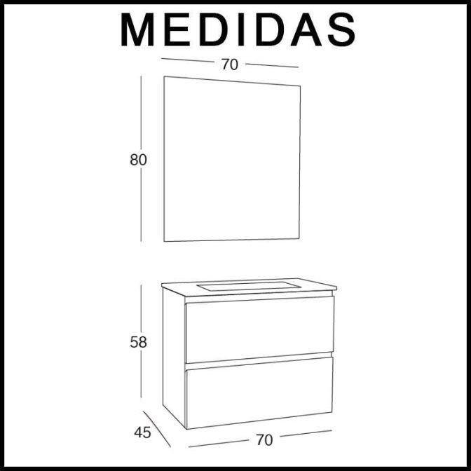 Medidas Mueble de Baño Iris de 70 cm. 2 cajones