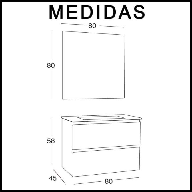 Medidas Mueble de Baño Iris de 80 cm. 2 cajones