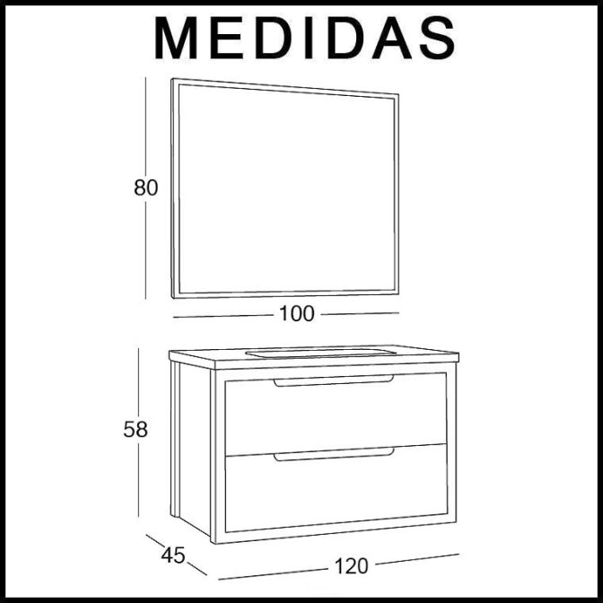 Mueble de Baño Ángeles 120 cm. 2 cajones. Medidas